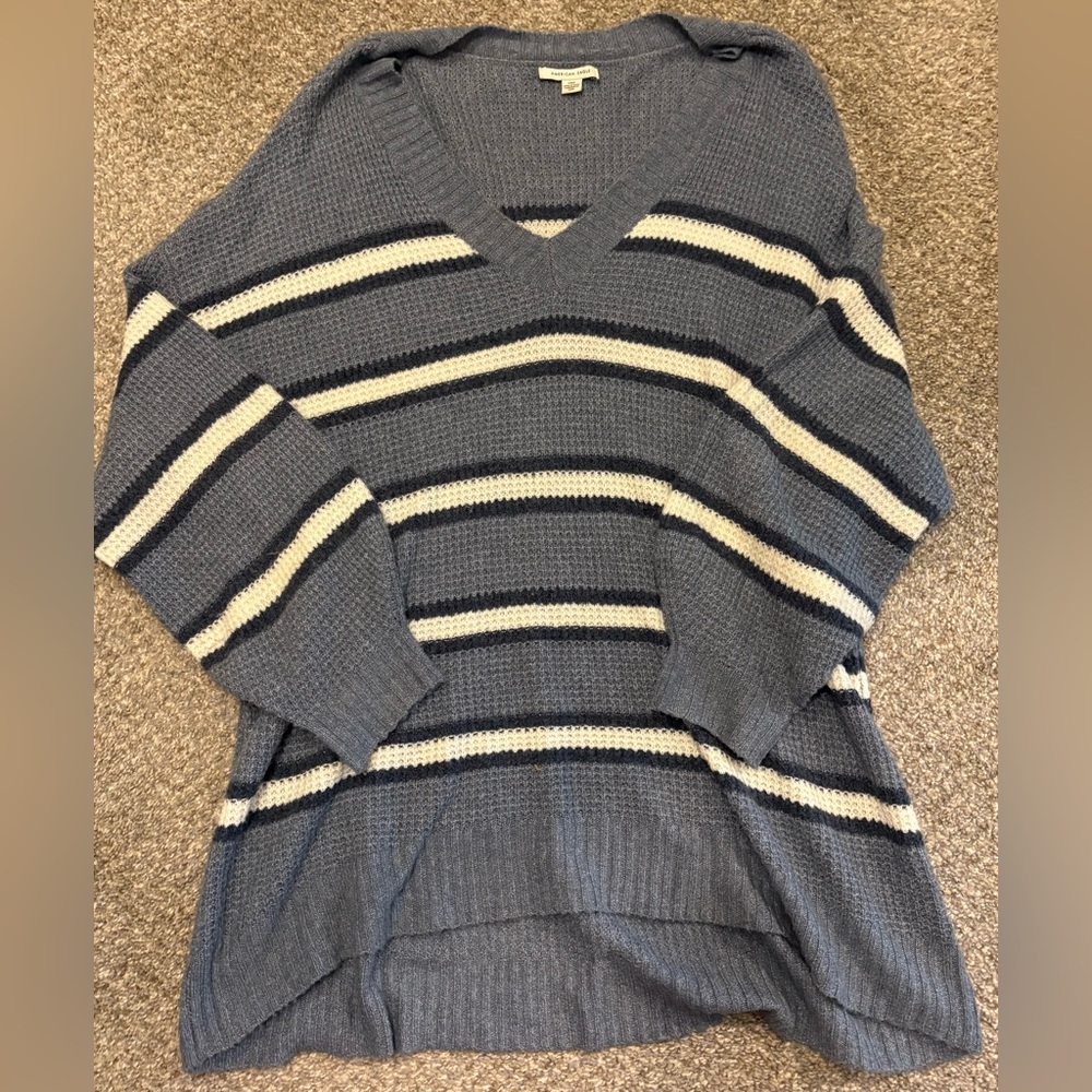 American Eagle Outfitters Blue and White V-Neck Sweater